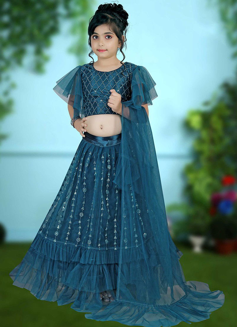 Sea Blue Colour Latest Fancy Designer Party Wedding Wear Net With Embroidery Work Kids Wear Girls Lehnga Choli Collection Aaradhna119